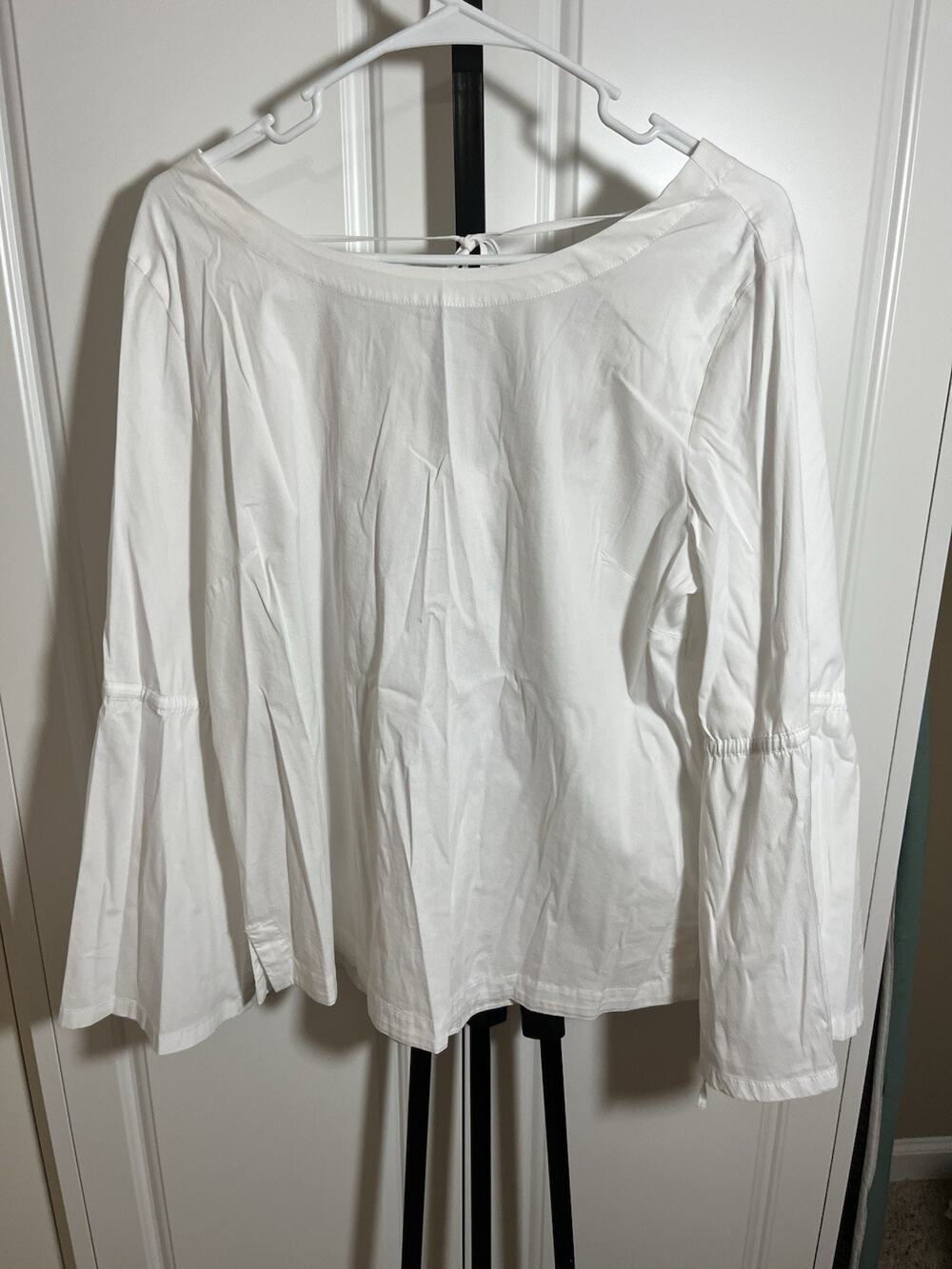 Loft White V Back Tie Bell Sleeve Blouse Size Large